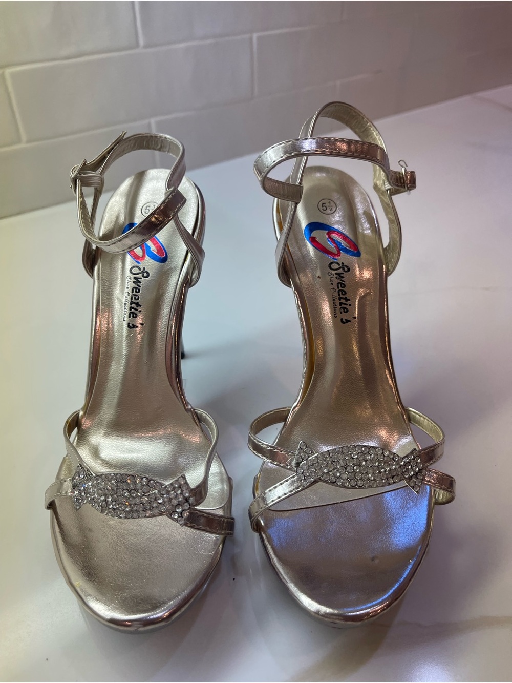 Sweetie Pie Collection Metallic Gold Crystal Strap Heels